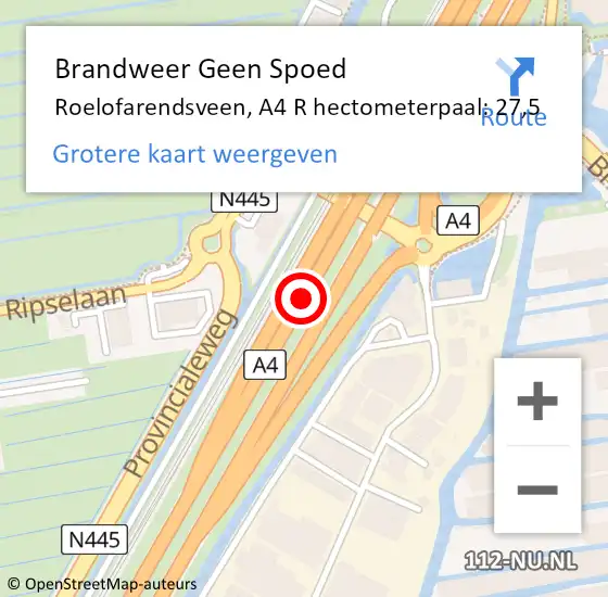 Locatie op kaart van de 112 melding: Brandweer Geen Spoed Naar Roelofarendsveen, A4 L hectometerpaal: 27,2 op 11 oktober 2013 13:49