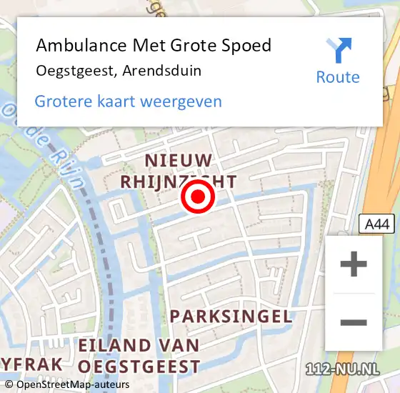 Locatie op kaart van de 112 melding: Ambulance Met Grote Spoed Naar Oegstgeest, Arendsduin op 2 februari 2023 10:35