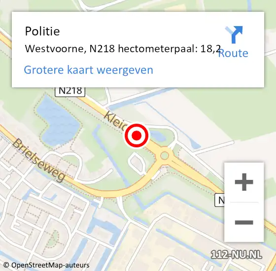 Locatie op kaart van de 112 melding: Politie Westvoorne, N218 hectometerpaal: 18,2 op 2 februari 2023 12:28