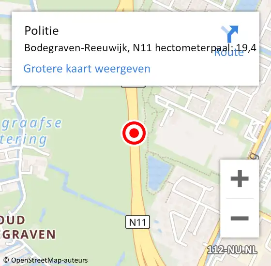 Locatie op kaart van de 112 melding: Politie Bodegraven-Reeuwijk, N11 hectometerpaal: 19,4 op 2 februari 2023 12:31