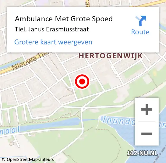 Locatie op kaart van de 112 melding: Ambulance Met Grote Spoed Naar Tiel, Janus Erasmiusstraat op 2 februari 2023 13:01