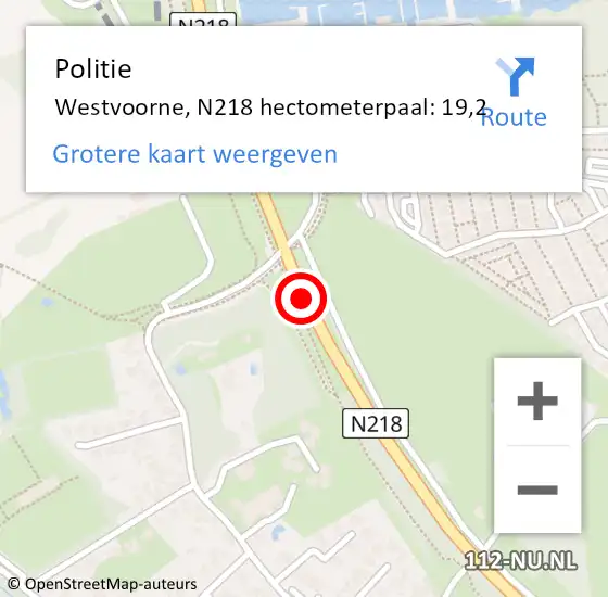 Locatie op kaart van de 112 melding: Politie Westvoorne, N218 hectometerpaal: 19,2 op 2 februari 2023 15:51