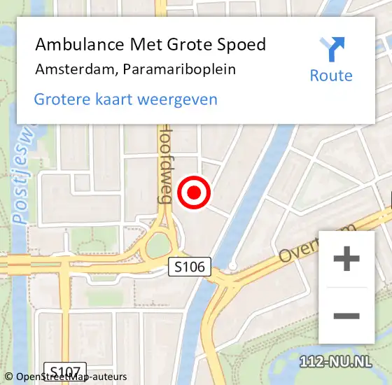 Locatie op kaart van de 112 melding: Ambulance Met Grote Spoed Naar Amsterdam, Paramariboplein op 2 februari 2023 16:19