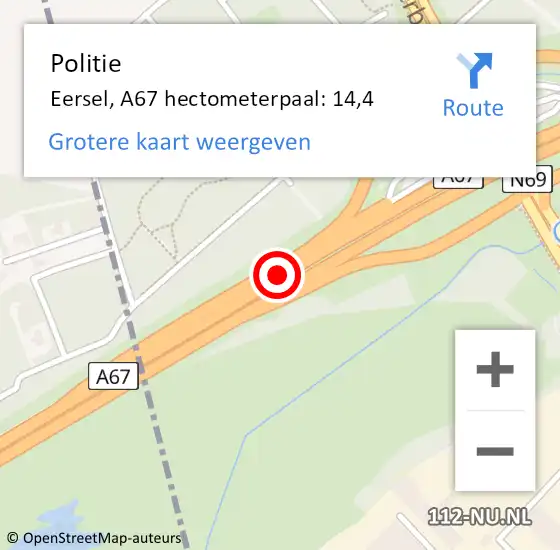 Locatie op kaart van de 112 melding: Politie Eersel, A67 hectometerpaal: 14,4 op 2 februari 2023 17:37