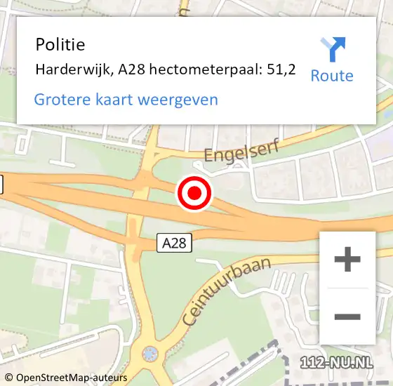 Locatie op kaart van de 112 melding: Politie Harderwijk, A28 hectometerpaal: 51,2 op 2 februari 2023 17:59