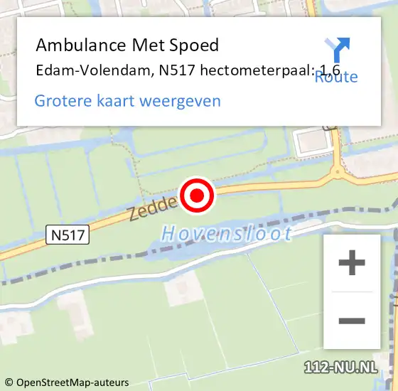 Locatie op kaart van de 112 melding: Ambulance Met Spoed Naar Edam-Volendam, N517 hectometerpaal: 1,6 op 2 februari 2023 20:02