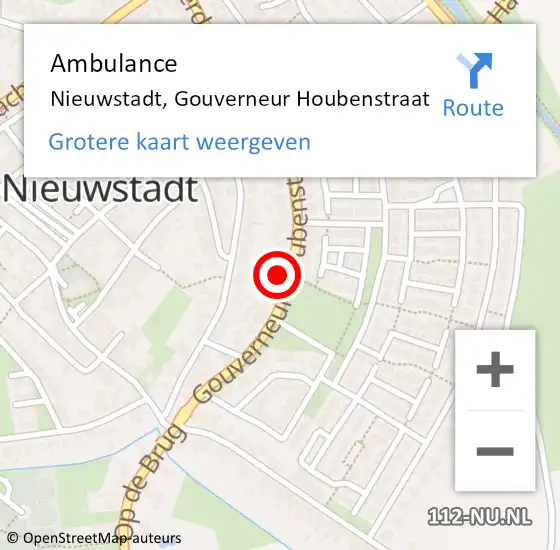 Locatie op kaart van de 112 melding: Ambulance Nieuwstadt, Gouverneur Houbenstraat op 14 augustus 2014 10:16