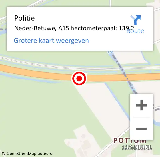 Locatie op kaart van de 112 melding: Politie Neder-Betuwe, A15 hectometerpaal: 139,2 op 2 februari 2023 21:21