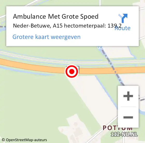 Locatie op kaart van de 112 melding: Ambulance Met Grote Spoed Naar Neder-Betuwe, A15 hectometerpaal: 139,2 op 2 februari 2023 21:21