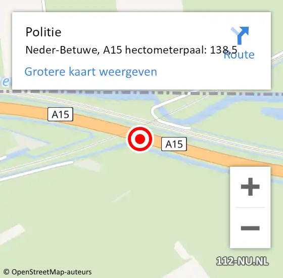 Locatie op kaart van de 112 melding: Politie Neder-Betuwe, A15 hectometerpaal: 138,5 op 2 februari 2023 21:21