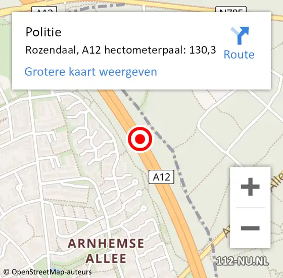 Locatie op kaart van de 112 melding: Politie Rozendaal, A12 hectometerpaal: 130,3 op 2 februari 2023 22:05