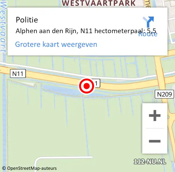 Locatie op kaart van de 112 melding: Politie Alphen aan den Rijn, N11 hectometerpaal: 5,5 op 3 februari 2023 00:51