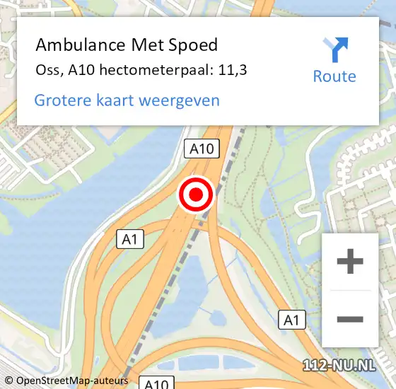 Locatie op kaart van de 112 melding: Ambulance Met Spoed Naar Oss, A10 hectometerpaal: 11,3 op 3 februari 2023 01:32