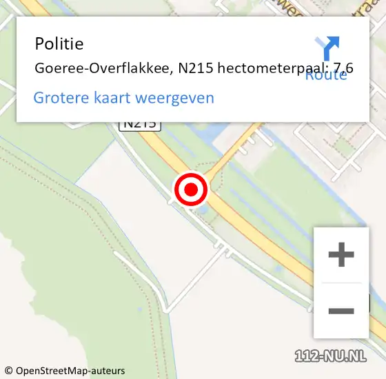 Locatie op kaart van de 112 melding: Politie Goeree-Overflakkee, N215 hectometerpaal: 7,6 op 3 februari 2023 05:32