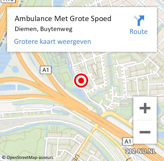 Locatie op kaart van de 112 melding: Ambulance Met Grote Spoed Naar Diemen, Buytenweg op 3 februari 2023 07:26