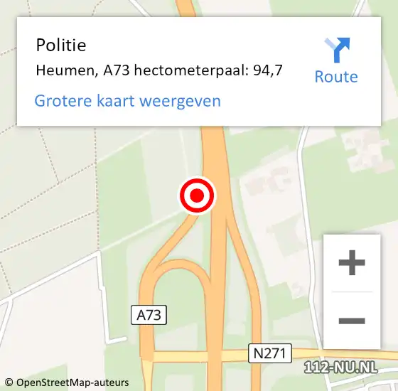 Locatie op kaart van de 112 melding: Politie Heumen, A73 hectometerpaal: 94,7 op 3 februari 2023 07:33