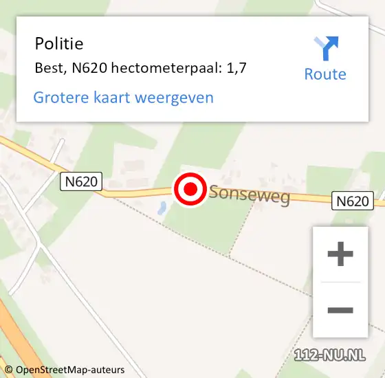 Locatie op kaart van de 112 melding: Politie Best, N620 hectometerpaal: 1,7 op 3 februari 2023 11:47