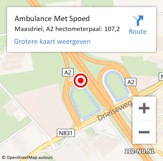 Locatie op kaart van de 112 melding: Ambulance Met Spoed Naar Maasdriel, A2 hectometerpaal: 107,2 op 3 februari 2023 11:50