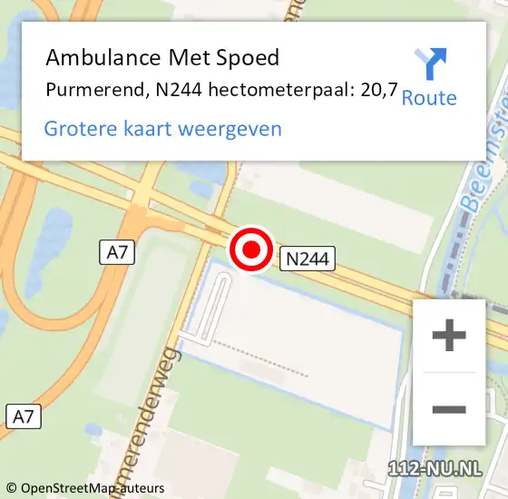 Locatie op kaart van de 112 melding: Ambulance Met Spoed Naar Purmerend, N244 hectometerpaal: 20,7 op 3 februari 2023 14:00