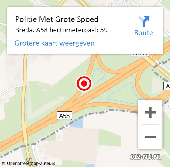 Locatie op kaart van de 112 melding: Politie Met Grote Spoed Naar Breda, A58 hectometerpaal: 59 op 3 februari 2023 16:17