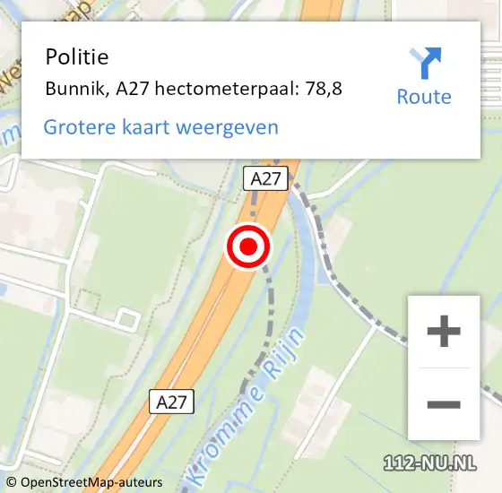Locatie op kaart van de 112 melding: Politie Bunnik, A27 hectometerpaal: 78,8 op 3 februari 2023 16:35