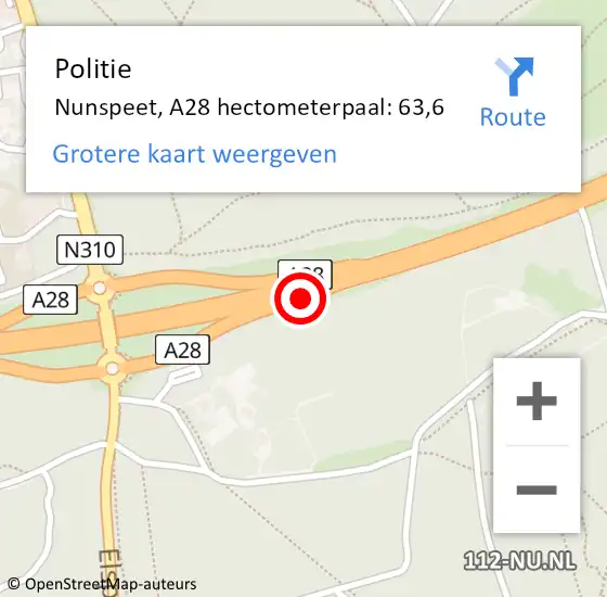 Locatie op kaart van de 112 melding: Politie Nunspeet, A28 hectometerpaal: 63,6 op 3 februari 2023 18:09