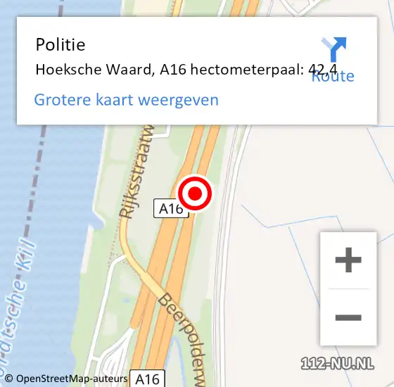 Locatie op kaart van de 112 melding: Politie Hoeksche Waard, A16 hectometerpaal: 42,4 op 3 februari 2023 18:23