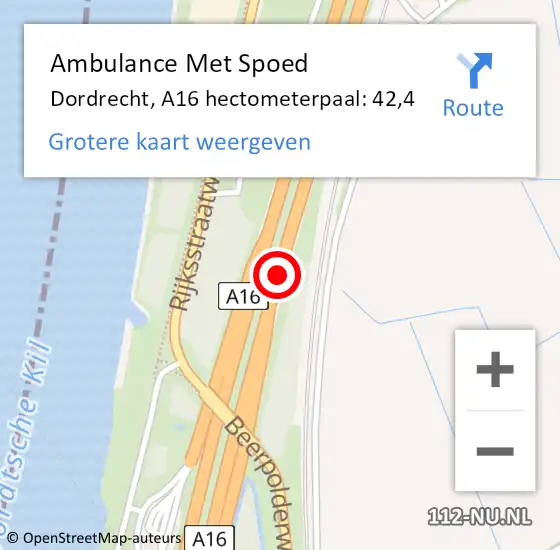 Locatie op kaart van de 112 melding: Ambulance Met Spoed Naar Hoeksche Waard, A16 hectometerpaal: 42,4 op 3 februari 2023 18:25