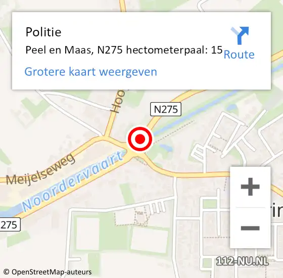 Locatie op kaart van de 112 melding: Politie Peel en Maas, N275 hectometerpaal: 15 op 3 februari 2023 18:44