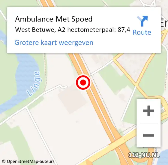 Locatie op kaart van de 112 melding: Ambulance Met Spoed Naar West Betuwe, A2 hectometerpaal: 87,4 op 3 februari 2023 18:50