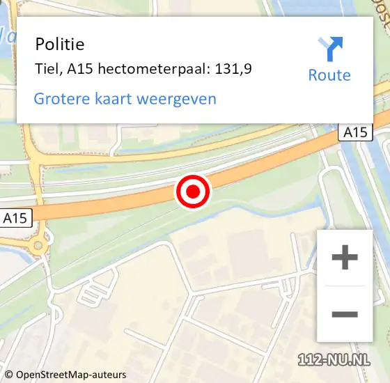 Locatie op kaart van de 112 melding: Politie Tiel, A15 hectometerpaal: 131,9 op 3 februari 2023 19:26