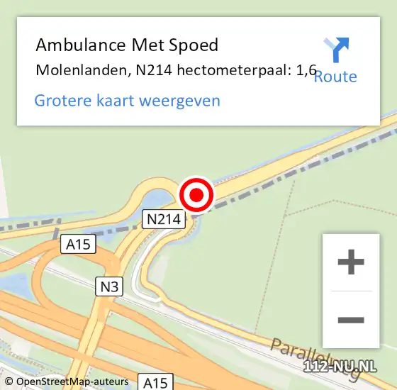 Locatie op kaart van de 112 melding: Ambulance Met Spoed Naar Molenlanden, N214 hectometerpaal: 1,6 op 3 februari 2023 21:41