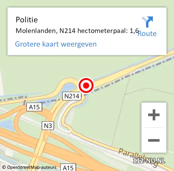 Locatie op kaart van de 112 melding: Politie Molenlanden, N214 hectometerpaal: 1,6 op 3 februari 2023 21:43