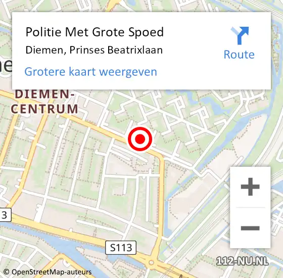 Locatie op kaart van de 112 melding: Politie Met Grote Spoed Naar Diemen, Prinses Beatrixlaan op 4 februari 2023 02:37