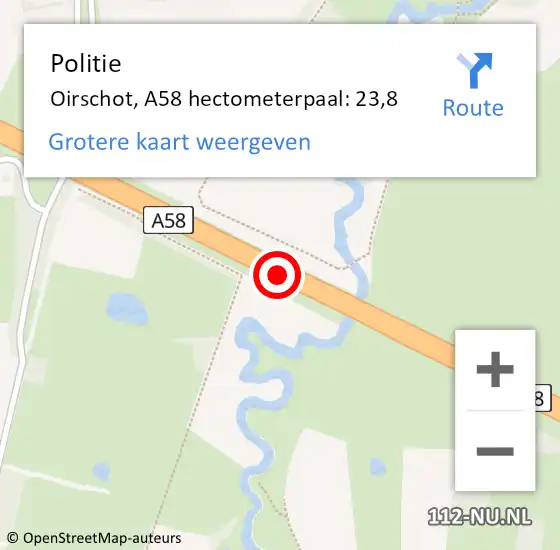 Locatie op kaart van de 112 melding: Politie Oirschot, A58 hectometerpaal: 23,8 op 4 februari 2023 05:21