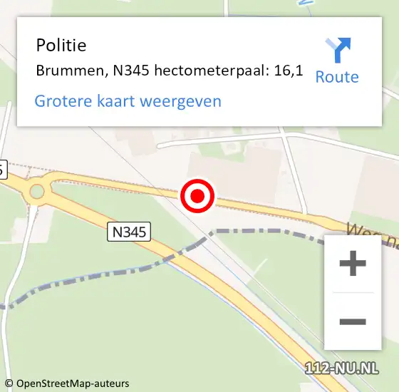 Locatie op kaart van de 112 melding: Politie Brummen, N345 hectometerpaal: 16,1 op 4 februari 2023 11:21