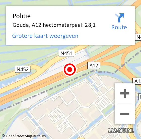 Locatie op kaart van de 112 melding: Politie Gouda, A12 hectometerpaal: 28,1 op 4 februari 2023 11:38