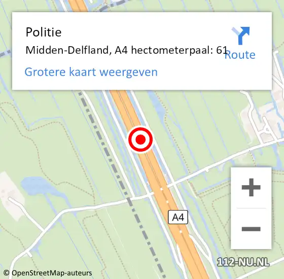 Locatie op kaart van de 112 melding: Politie Midden-Delfland, A4 hectometerpaal: 61 op 4 februari 2023 12:51