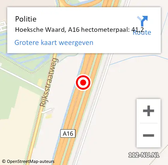 Locatie op kaart van de 112 melding: Politie Hoeksche Waard, A16 hectometerpaal: 41,2 op 4 februari 2023 13:18