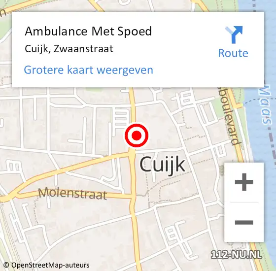 Locatie op kaart van de 112 melding: Ambulance Met Spoed Naar Cuijk, Zwaanstraat op 4 februari 2023 13:26