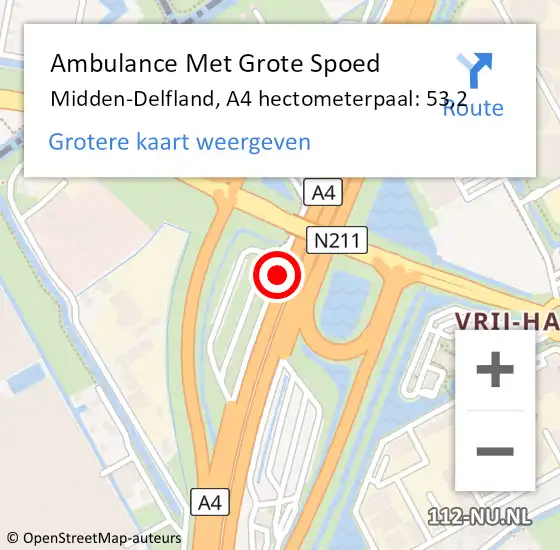 Locatie op kaart van de 112 melding: Ambulance Met Grote Spoed Naar Midden-Delfland, A4 hectometerpaal: 53,2 op 4 februari 2023 13:59