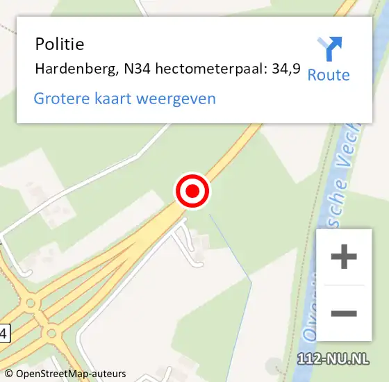 Locatie op kaart van de 112 melding: Politie Hardenberg, N34 hectometerpaal: 34,9 op 4 februari 2023 14:30