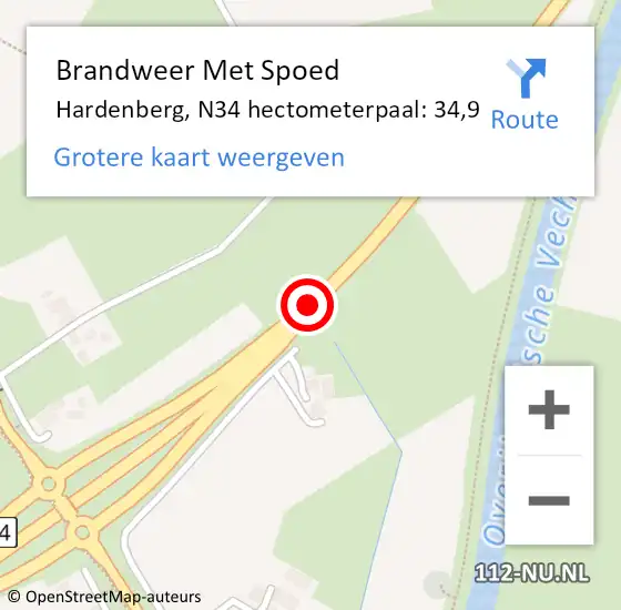 Locatie op kaart van de 112 melding: Brandweer Met Spoed Naar Hardenberg, N34 hectometerpaal: 34,9 op 4 februari 2023 14:43