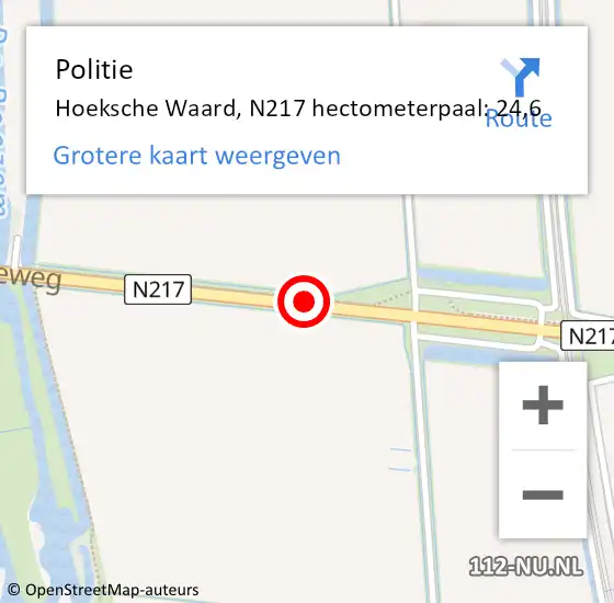 Locatie op kaart van de 112 melding: Politie Hoeksche Waard, N217 hectometerpaal: 24,6 op 4 februari 2023 14:52