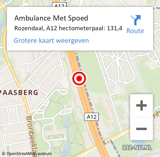 Locatie op kaart van de 112 melding: Ambulance Met Spoed Naar Rozendaal, A12 hectometerpaal: 131,4 op 4 februari 2023 15:11