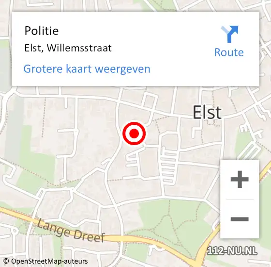 Locatie op kaart van de 112 melding: Politie Elst, Willemsstraat op 4 februari 2023 15:47