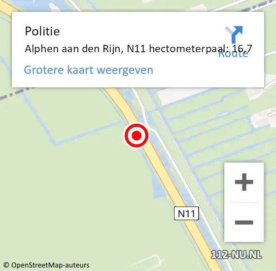 Locatie op kaart van de 112 melding: Politie Alphen aan den Rijn, N11 hectometerpaal: 16,7 op 4 februari 2023 23:56