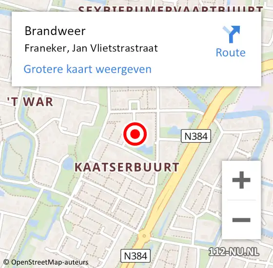 Locatie op kaart van de 112 melding: Brandweer Franeker, Jan Vlietstrastraat op 14 augustus 2014 14:07