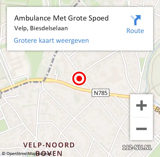 Locatie op kaart van de 112 melding: Ambulance Met Grote Spoed Naar Velp, Biesdelselaan op 5 februari 2023 05:35