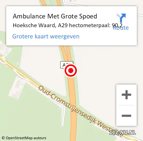 Locatie op kaart van de 112 melding: Ambulance Met Grote Spoed Naar Hoeksche Waard, A29 hectometerpaal: 90,2 op 5 februari 2023 05:48